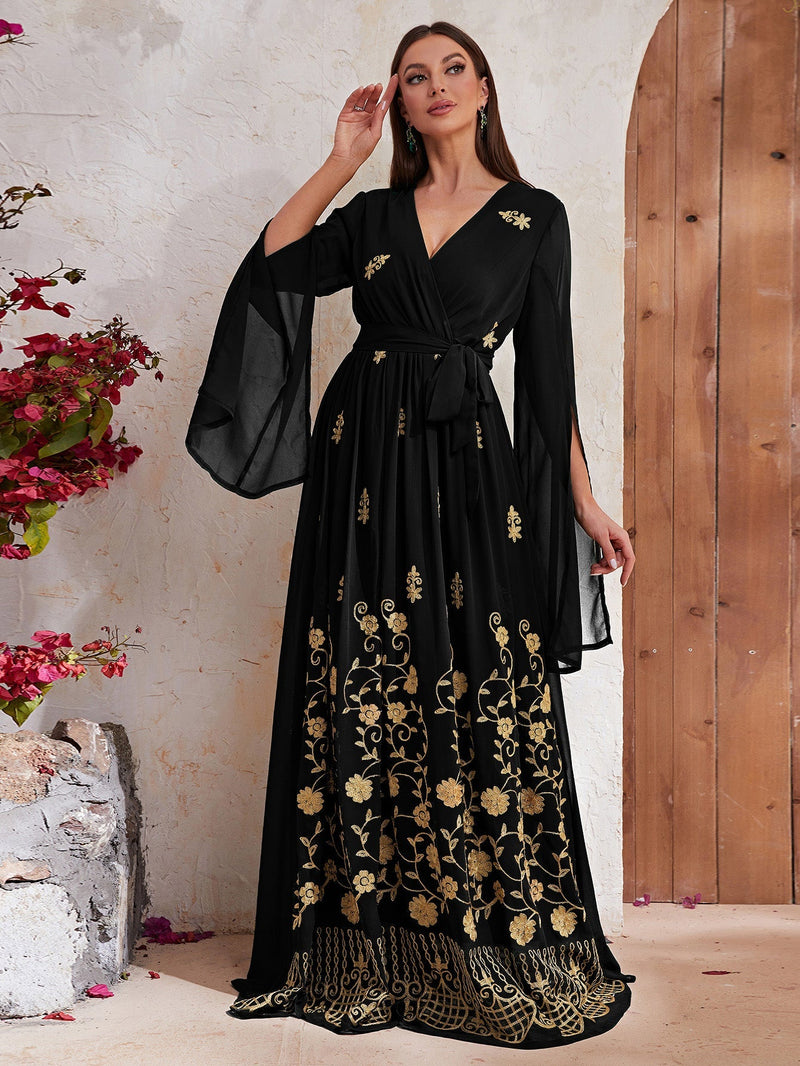 Yisikado Floral Embroidery Split Sleeve Belted Dress-SSK8006-1