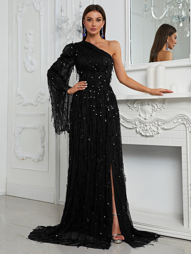 Yisikado One Shoulder Split Thigh Sequin Formal Dress-SSL6147-2