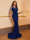 Yisikado Contrast Mesh Appliques Sequins Mermaid Hem Formal Dress-SST2087-2