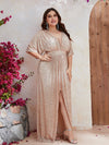 Plus Plunging Neck Batwing Sleeve Split Thigh Sequin Dress-FMGW460