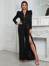 Yisikado Plunging Neck Split Thigh Belted Sequin Party Jumpsuit-MGT777