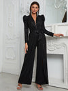 Yisikado Plunging Neck Split Thigh Belted Sequin Party Jumpsuit-MGT777