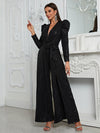 Yisikado Plunging Neck Split Thigh Belted Sequin Party Jumpsuit-MGT777