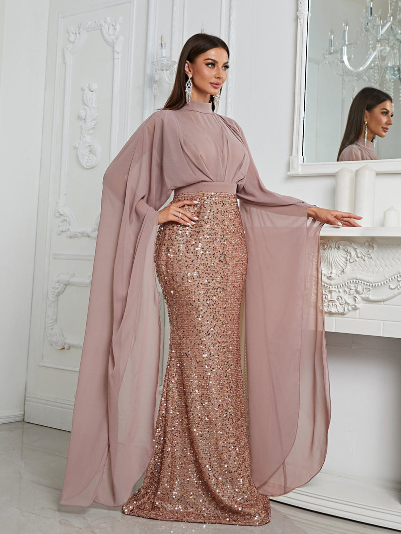 Contrast Sequin Mock Neck Floor Length Formal Dress-MGT530-2