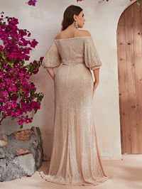 Plus Off Shoulder Ruched Sequin Formal Dress-FMGW462-2