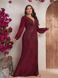 Plus Plunging Neck Lantern Sleeve Sequin Formal Dress-FMGT439-1