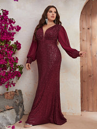 Plus Plunging Neck Lantern Sleeve Sequin Formal Dress-FMGT439-1