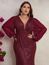 Plus Plunging Neck Lantern Sleeve Sequin Formal Dress-FMGT439-1