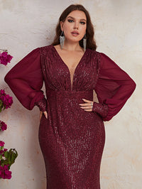 Plus Plunging Neck Lantern Sleeve Sequin Formal Dress-FMGT439-1