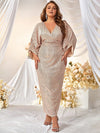 Plus Surplice Neck Batwing Sleeve Ruched Sequin Dress-FMGW256