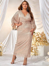 Plus Surplice Neck Batwing Sleeve Ruched Sequin Dress-FMGW256