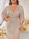 Plus Surplice Neck Batwing Sleeve Ruched Sequin Dress-FMGW256