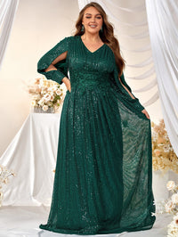 Plus Contrast Floral Embroidery Mesh Panel Sequin Formal Dress-FMGN313