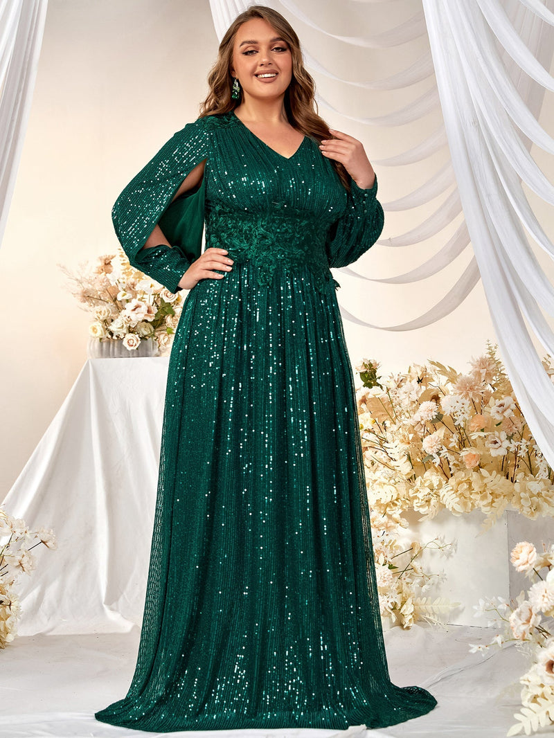 Plus Contrast Floral Embroidery Mesh Panel Sequin Formal Dress-FMGN313