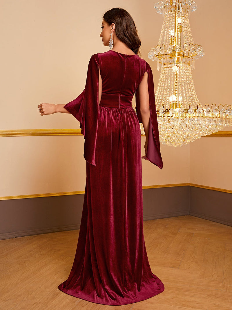 Yisikado Cloak Sleeve Velvet Formal Dress-SSN269