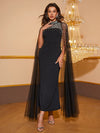 Yisikado Contrast Mesh Rhinestone & Pearls Decor Mock Neck Formal Dress-SSN261