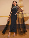 Yisikado Contrast Mesh Rhinestone & Pearls Decor Mock Neck Formal Dress-SSN261