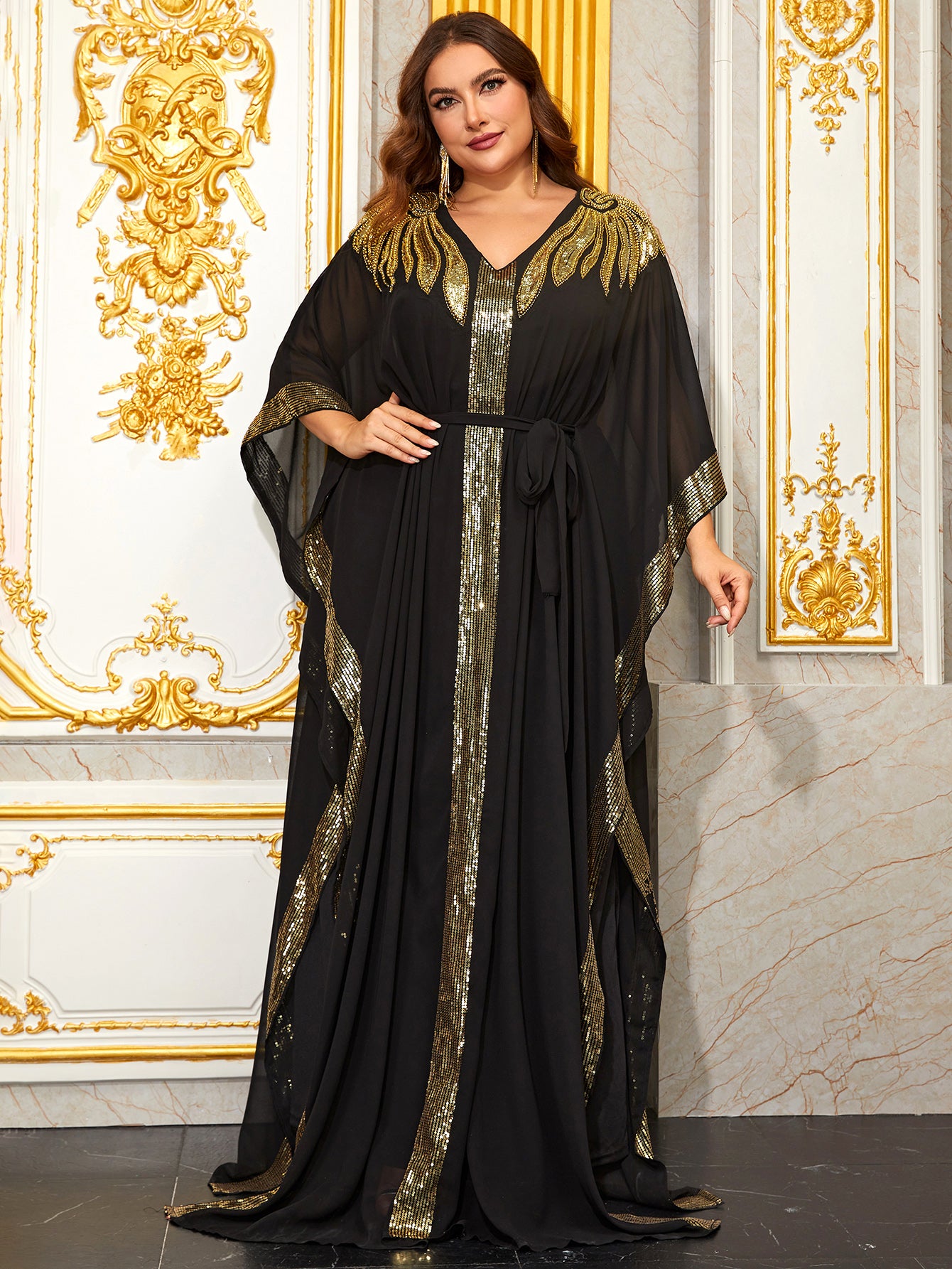 Giffniseti Plus Gold Feather Sequin Belted Kaftan Dress-FMG1012