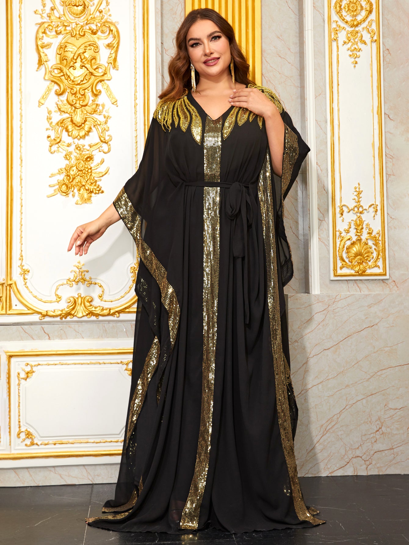 Giffniseti Plus Gold Feather Sequin Belted Kaftan Dress-FMG1012