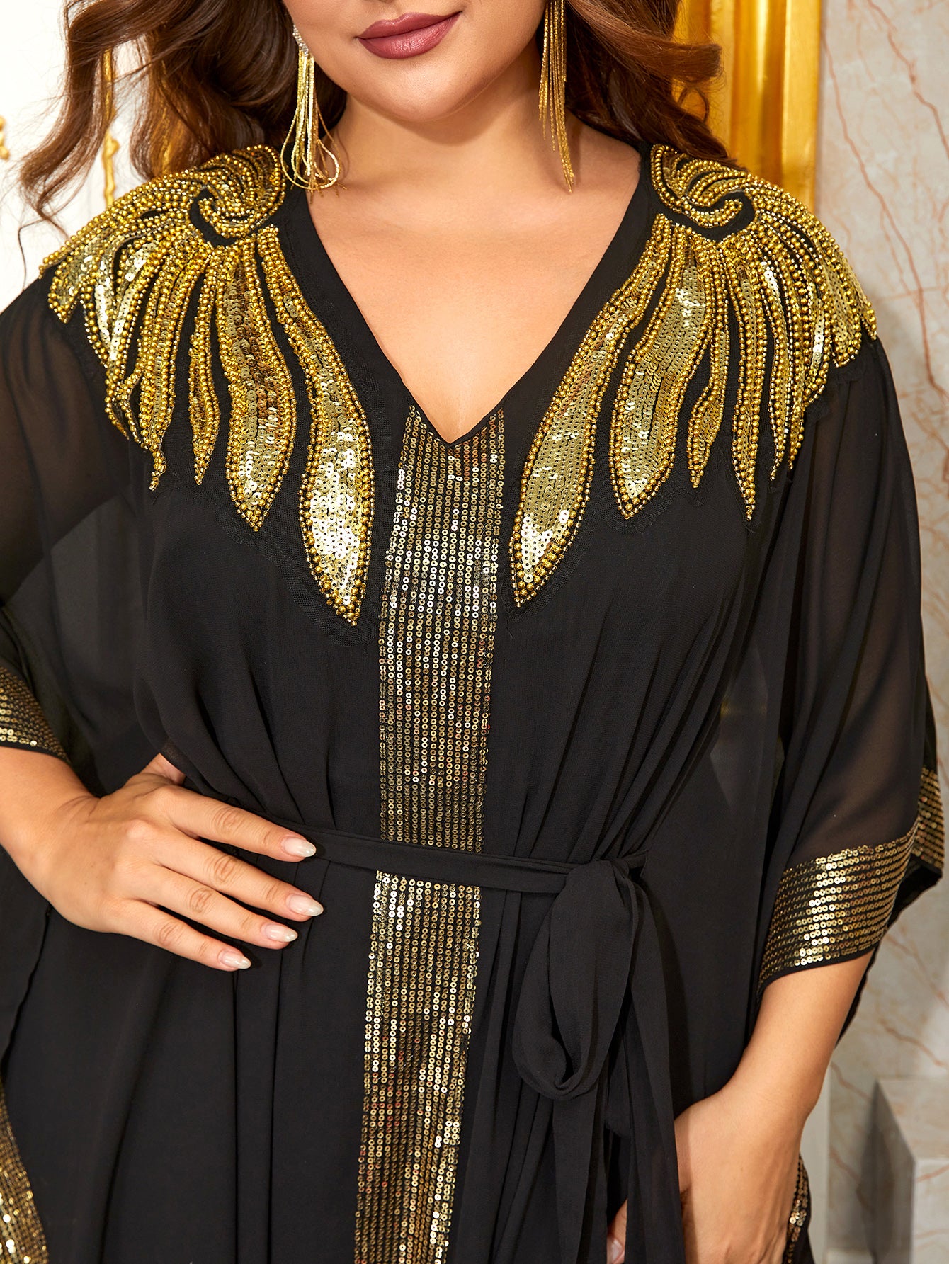 Giffniseti Plus Gold Feather Sequin Belted Kaftan Dress-FMG1012