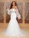 Yisikado Off Shoulder Embroidery Mesh Flare Sleeve Mermaid Hem Wedding Dress-SSN231