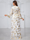 Yisikado Gold-Printed Floral Design V-Neck Lace & Jacquard Trimmed Jalabiya Dress-SS482