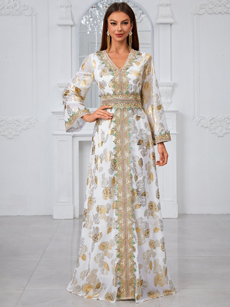 Yisikado Gold-Printed Floral Design V-Neck Lace & Jacquard Trimmed Jalabiya Dress-SS482