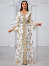 Yisikado Gold-Printed Floral Design V-Neck Lace & Jacquard Trimmed Jalabiya Dress-SS482