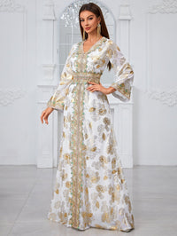 Yisikado Gold-Printed Floral Design V-Neck Lace & Jacquard Trimmed Jalabiya Dress-SS482