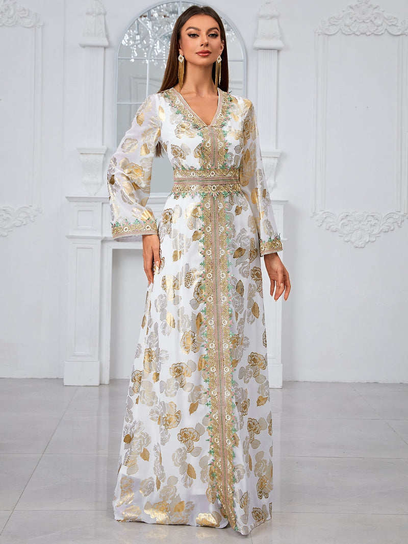 Yisikado Gold-Printed Floral Design V-Neck Lace & Jacquard Trimmed Jalabiya Dress-SS482