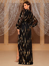 Yisikado Gold Print Lantern Sleeve Split Thigh Dress-MGT618