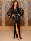 Yisikado Gold Print Lantern Sleeve Split Thigh Dress-MGT618