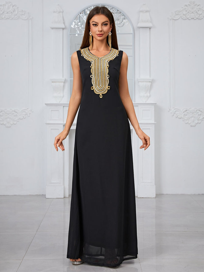 Yisikado Embroidered Applique Sleeveless Dress And Dolman Sleeve Jacket Two-Piece Set-SS485