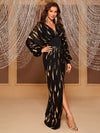 Yisikado Gold Print Lantern Sleeve Split Thigh Dress-MGT618