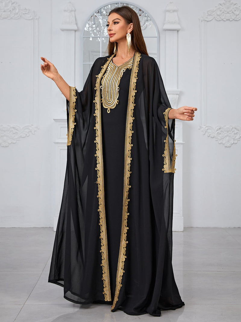 Yisikado Embroidered Applique Sleeveless Dress And Dolman Sleeve Jacket Two-Piece Set-SS485