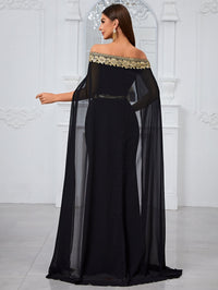 Yisikado Evening Party Dress: Off Shoulder Chiffon Dress With Ruffle Cape, Lace Overlay, Mermaid Silhouette-GLW20048