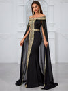 Yisikado Evening Party Dress: Off Shoulder Chiffon Dress With Ruffle Cape, Lace Overlay, Mermaid Silhouette-GLW20048