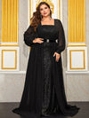 Yisikado Plus Square Neck Lantern Sleeve Belted Sequin Formal Dress-FMGT1028