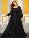 Yisikado Plus Square Neck Lantern Sleeve Belted Sequin Formal Dress-FMGT1028