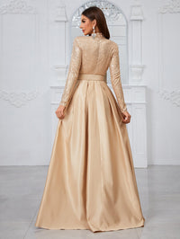 Yisikado Long Sleeve High Neck Sequin Panel & Pleated Evening Dress (With Belt)-MGT849-2