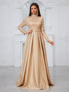 Yisikado Long Sleeve High Neck Sequin Panel & Pleated Evening Dress (With Belt)-MGT849-2