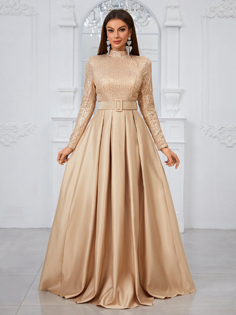 Yisikado Long Sleeve High Neck Sequin Panel & Pleated Evening Dress (With Belt)-MGT849-2