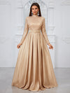 Yisikado Long Sleeve High Neck Sequin Panel & Pleated Evening Dress (With Belt)-MGT849-2