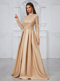 Yisikado Long Sleeve High Neck Sequin Panel & Pleated Evening Dress (With Belt)-MGT849-2