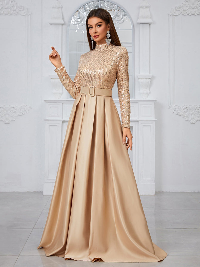 Yisikado Long Sleeve High Neck Sequin Panel & Pleated Evening Dress (With Belt)-MGT849-2