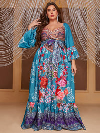 Yisikado Plus Floral Print Flare Sleeve Ruffle Hem Belted Dress-FSSN1228