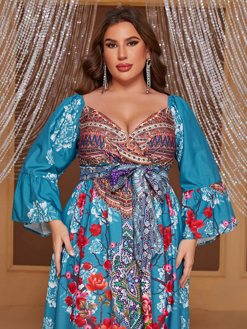 Yisikado Plus Floral Print Flare Sleeve Ruffle Hem Belted Dress-FSSN1228