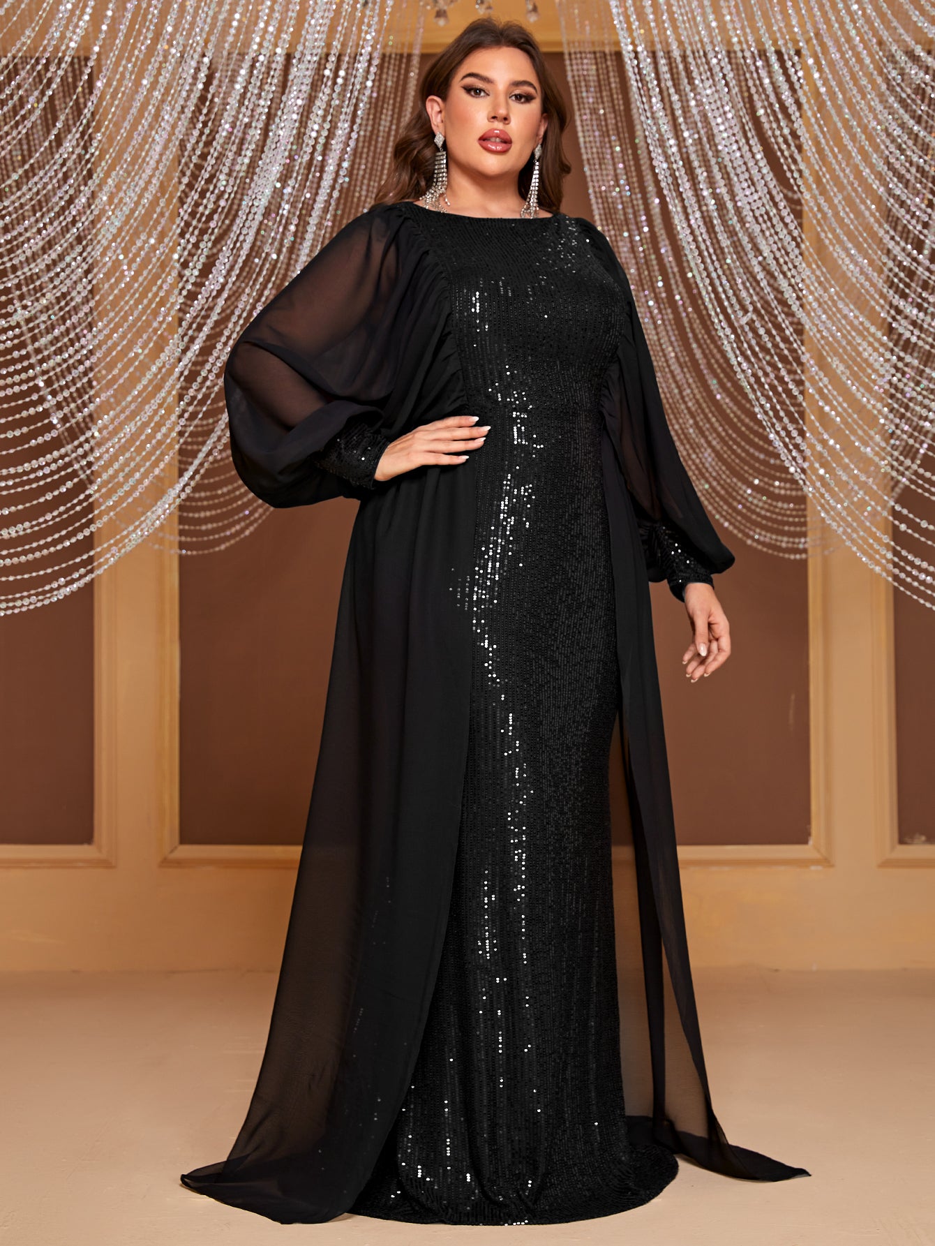 Giffniseti Plus Lantern Sleeve Sequin Party Dress With Mesh Cape-FMGT881