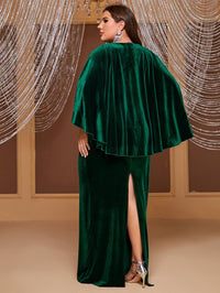 Yisikado Plus Pearl Beaded Detail Cloak Sleeve Velvet Party Dress-FSSN1230