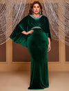 Yisikado Plus Pearl Beaded Detail Cloak Sleeve Velvet Party Dress-FSSN1230